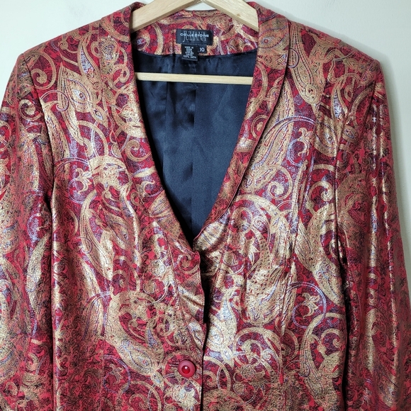 Juliana Collezione Metallic Paisley Leather Blazer Jacket Size 10 Holiday Party - Picture 2 of 8